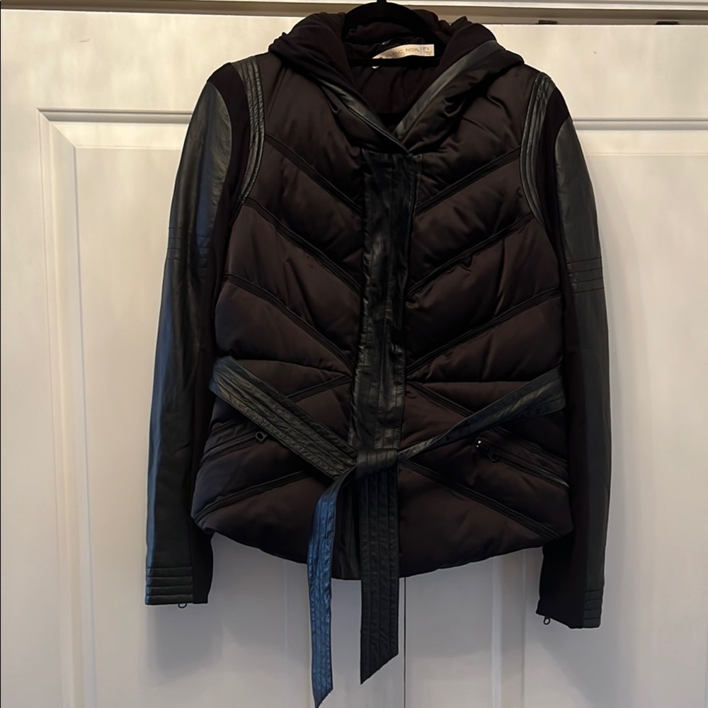 Black Chevron Quilted Hooded Light Puffer Jacket with Leather Accents and Belt